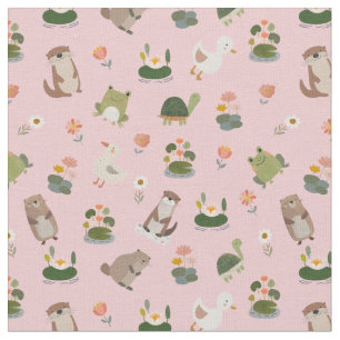 Pond Animals & Lily Pads on Light Pink Fabric