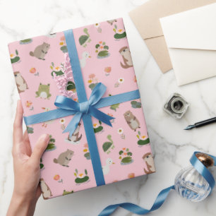 Pond Animals & Lily Pads on Light Pink Wrapping Paper
