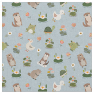 Pond Animals & Lily Pads on Pale Gray-Blue Fabric