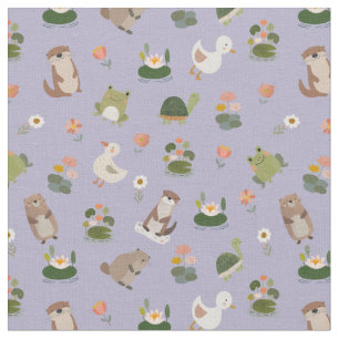 Pond Animals & Lily Pads on Pale Gray-Purple Fabric
