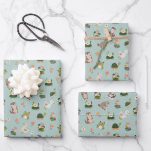 Pond Animals & Lily Pads on Pistachio Green Wrapping Paper Sheet