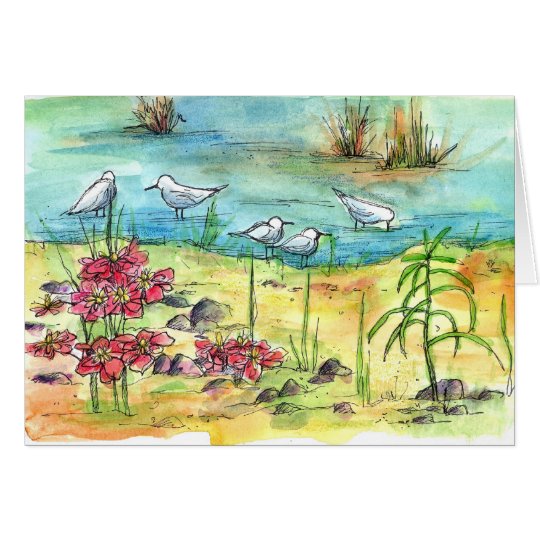 Pond Birds Watercolor Nature Art Blank Card