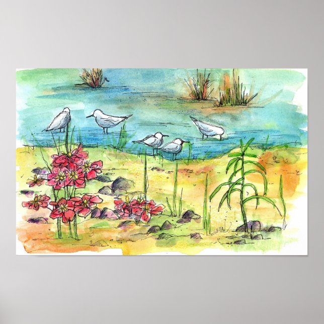 Pond Birds Watercolor Painting Nature Art Poster (Front)