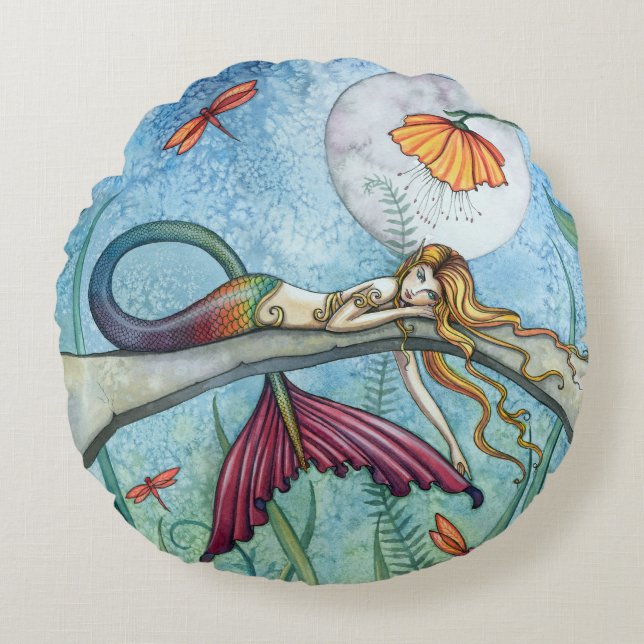 Pond Mermaid Fantasy Art by Molly Harrison Round Cushion (Front)