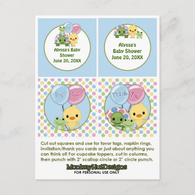 Pond Pals Duck Baby Shower Cupcake Topper Neutral Invitation Postcard (Front)
