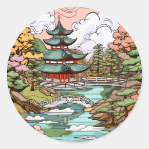 Pond Reflections: Temple and Bridge Art Classic Round Sticker