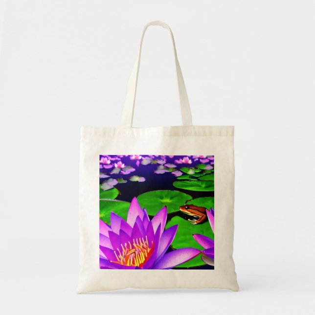 Pond Scene with Water Lily, Lily Pads, and a Frog Tote Bag (Front)