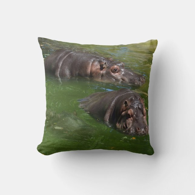 **"Pondside Play: Two Hippos Swimming Together"** Cushion (Front)