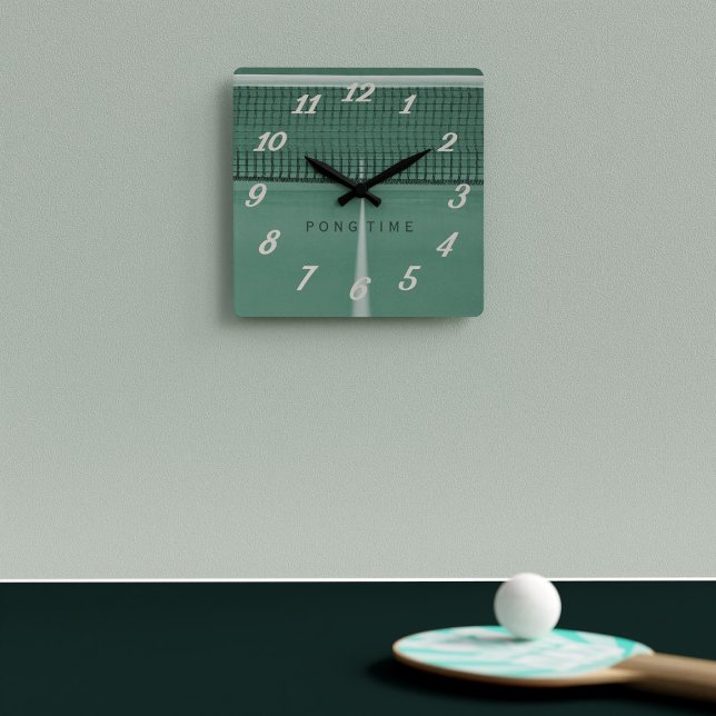 Pong Time Green Table Tennis Ping Pong Lover Square Wall Clock (It's always time for ping pong! Pop this clock on your wall and you'll always know it's time to play)