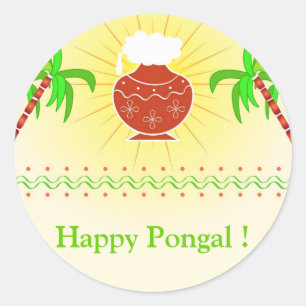 Pongal pot and sugarcane classic round sticker