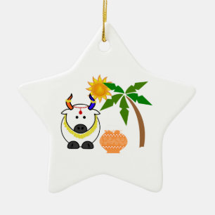 Pongal Pot, Cow, and Tree Ceramic Tree Decoration