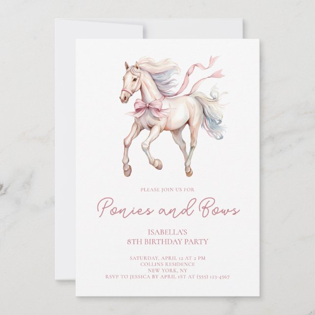 Ponies and Bows Pink Watercolor 8th Birthday Party Invitation (Front)