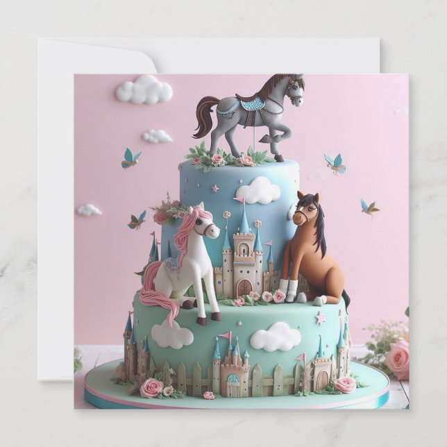 PONIES & CASTLES CAKE KIDS BIRTHDAY  INVITATION (Front)