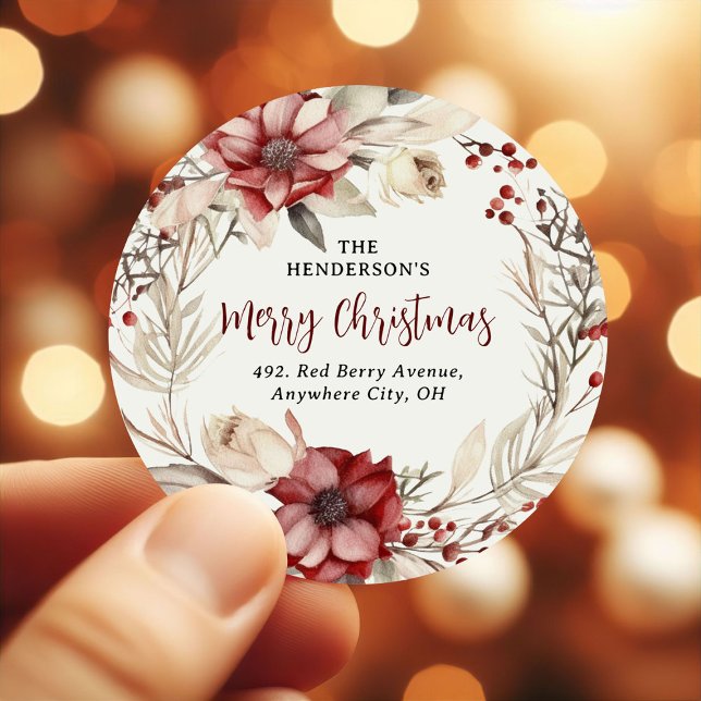 Ponsietta Christmas Wreath Return Address  Classic Round Sticker (Creator Uploaded)