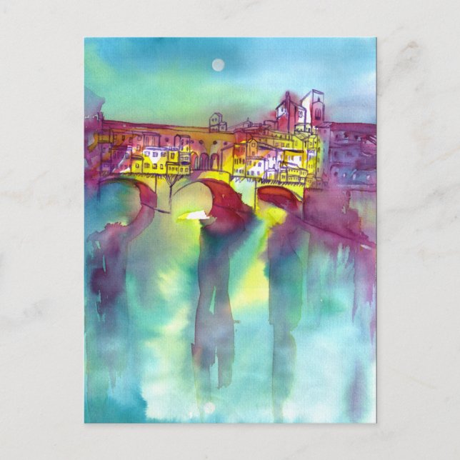 PONTE VECCHIO FLORENCE By NIGHT Watercolor Invitation Postcard (Front)