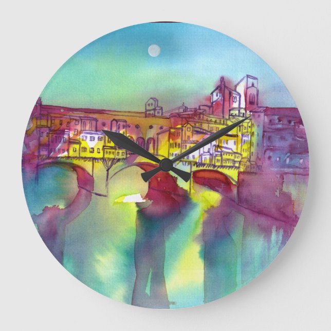 PONTE VECCHIO Florence by Night Watercolor Large Clock (Front)