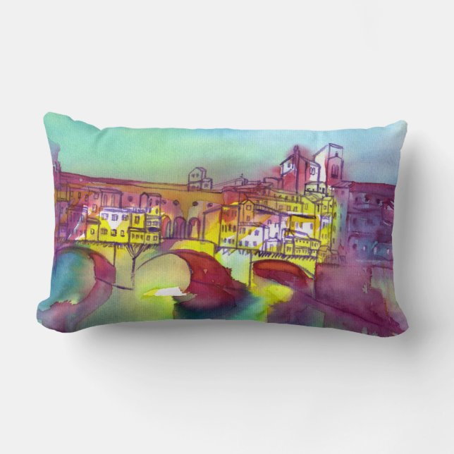 PONTE VECCHIO Florence by Night Watercolor Lumbar Cushion (Front)