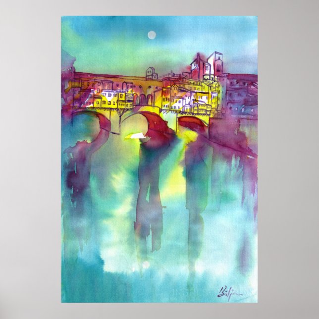 PONTE VECCHIO Florence by Night Watercolor Poster (Front)