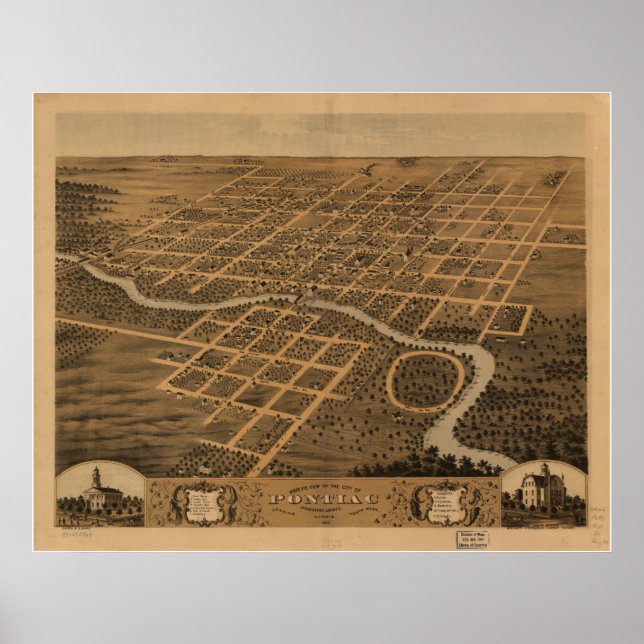 Pontiac Illinois 1869 Antique Panoramic Map Poster (Front)