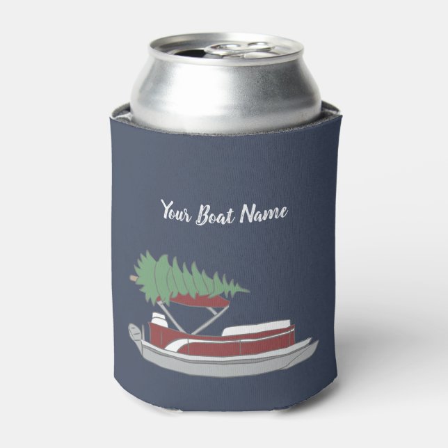 Pontoon Boat with Christmas Tree on Top Can Cooler (Can Front)