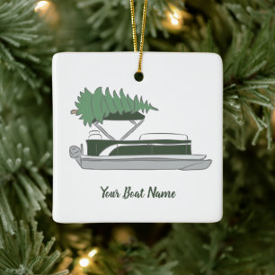 Pontoon Boat with Christmas Tree on Top Holiday Ceramic Ornament
