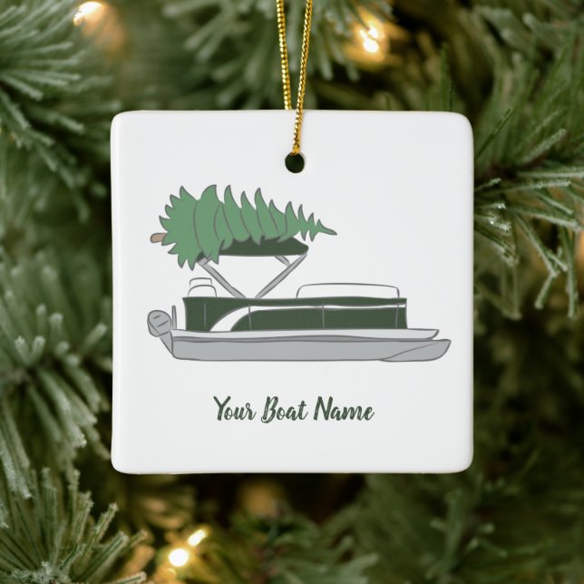 Pontoon Boat with Christmas Tree on Top Holiday Ceramic Ornament (Tree)