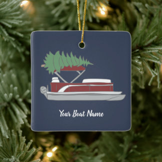 Pontoon Boat with Christmas Tree on Top Holiday Ceramic Ornament