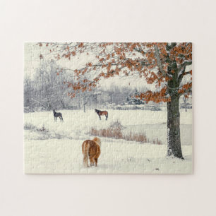 Pony and Horses in Snowy Field Jigsaw Puzzle