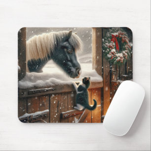 Pony and Kitten In Christmas Barn Mouse Mat