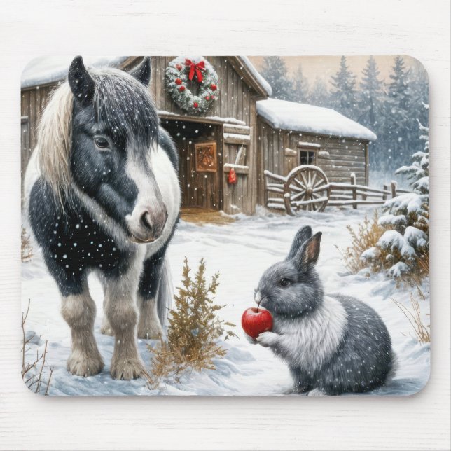 Pony and Rabbit On a Christmas Farm Mouse Mat (Front)