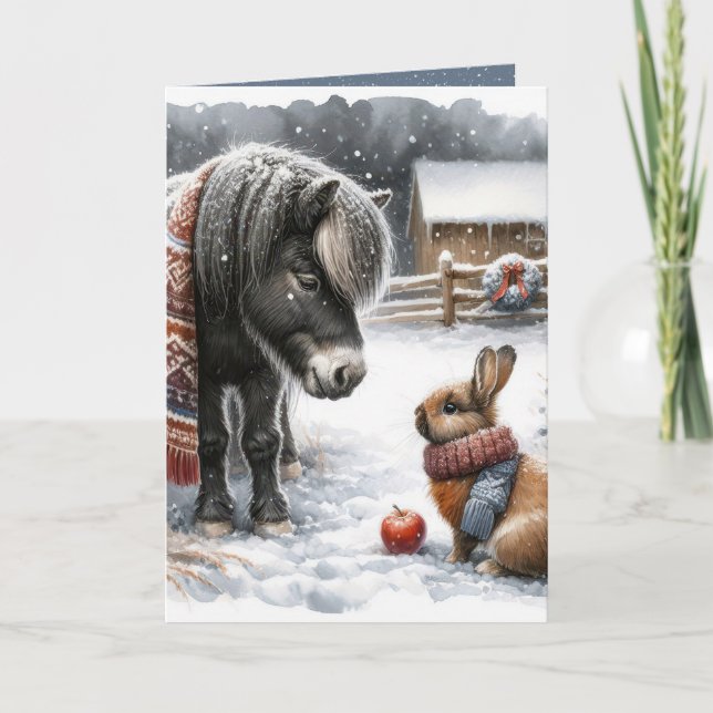 Pony and Rabbit On Christmas Farm Holiday Card (Front)