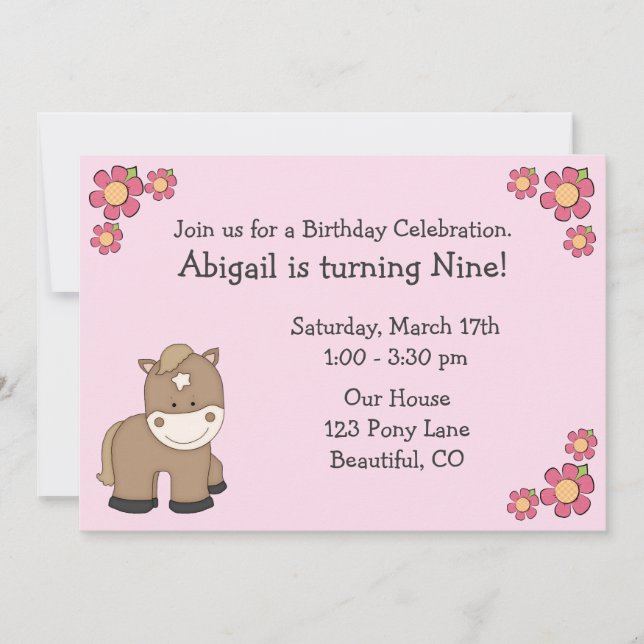 Pony Birthday Invitations for Girls (Front)