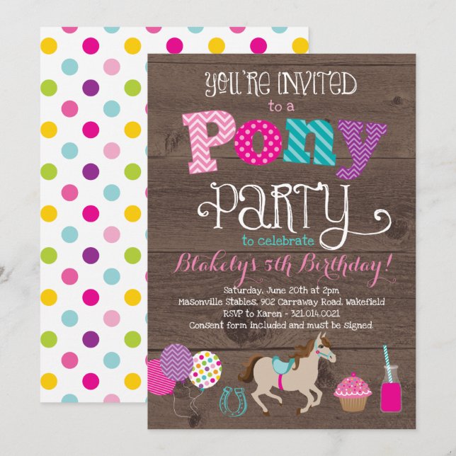 Pony Birthday Party Invitation (Front/Back)