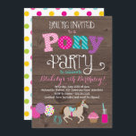Pony Birthday Party Invitation<br><div class="desc">Our adorable Pony Birthday Party Invitation features a woodgrain background,  bold,  fun pattern letters and adorable horseback riding graphics along the bottom such as a pony,  horseshoe,  balloons,  cupcake,  and party drink! This is the perfect invitation for your child's pony theme birthday party!</div>