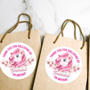 Pony birthday party pink horse thank you classic round sticker