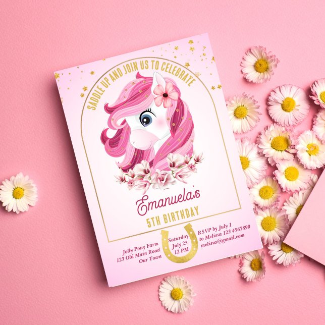Pony birthday party saddle up horses pink and gold invitation (Creator Uploaded)