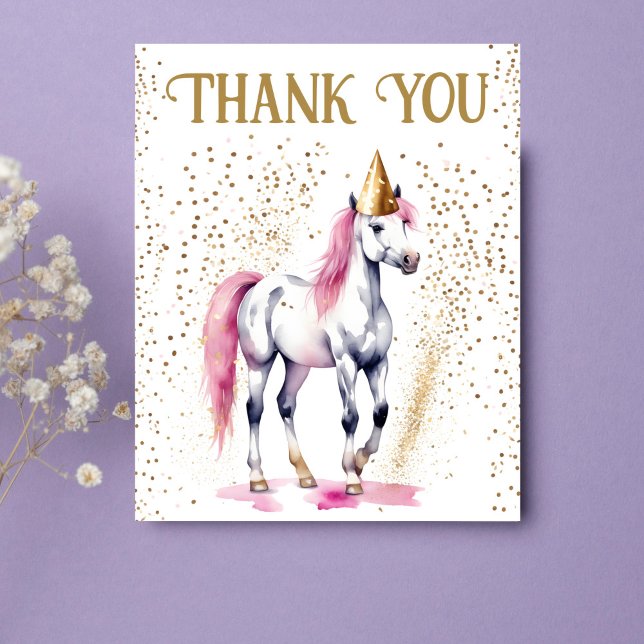 Pony birthday party white horse thank you card (Pony horses equestrian birthday party thank you card beautiful watercolor white pony with party hat)