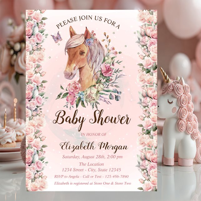 Pony Flowers Roses Stars Baby Shower Invitation (Creator Uploaded)
