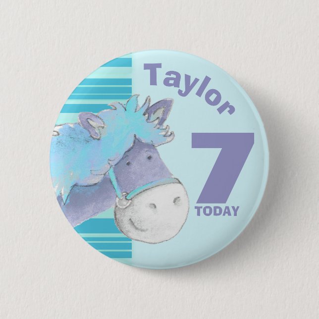 Pony horse kids 7th birthday blue button (Front)
