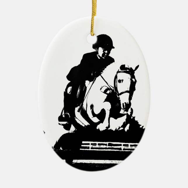 Pony Jumping bw Ceramic Tree Decoration (Front)