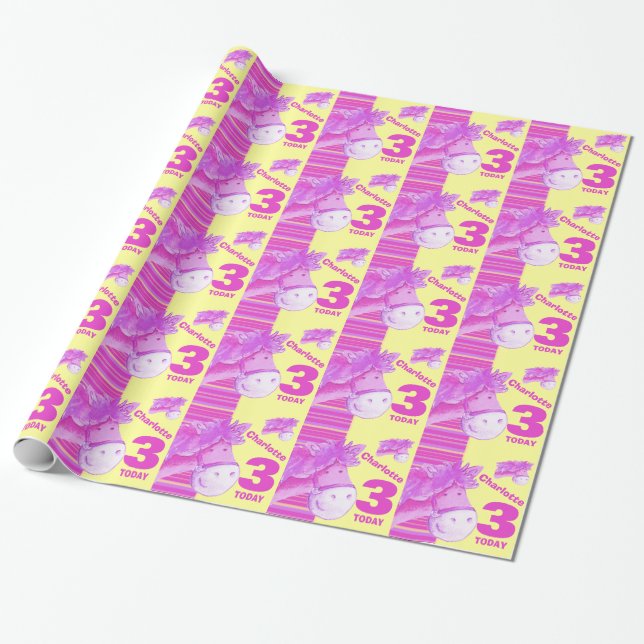 Pony kids 3rd birthday stripe wrapping wrapping paper (Unrolled)