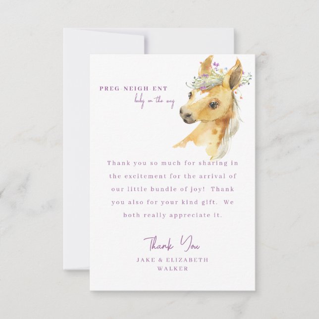 Pony Lavender Baby Shower Message Thank You  Card (Front)
