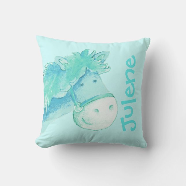 Pony name & birth newborn gift pale aqua pillow (Front)