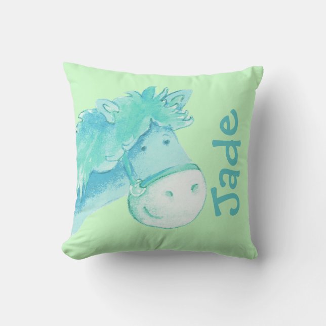 Pony name & birth newborn gift pale green pillow (Front)
