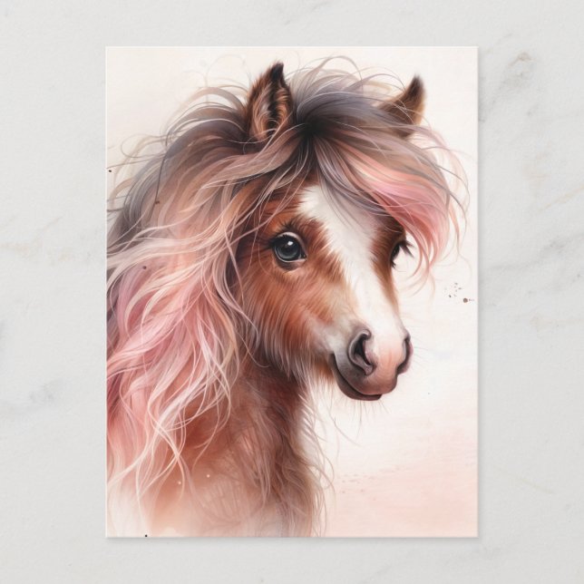 Pony With Pink Mane Watercolor Postcard (Front)