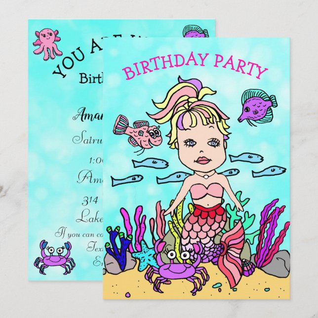 Ponytail  Mermaid Under the Sea Birthday Party Invitation (Front/Back)