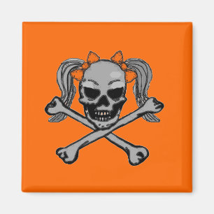 Ponytail skull and crossbones with orange bows magnet