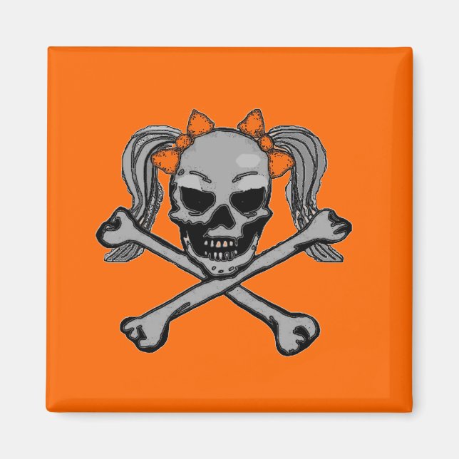 Ponytail skull and crossbones with orange bows magnet (Front)