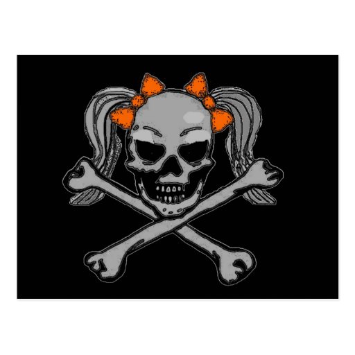 Ponytail skull and crossbones with orange bows postcard | Zazzle