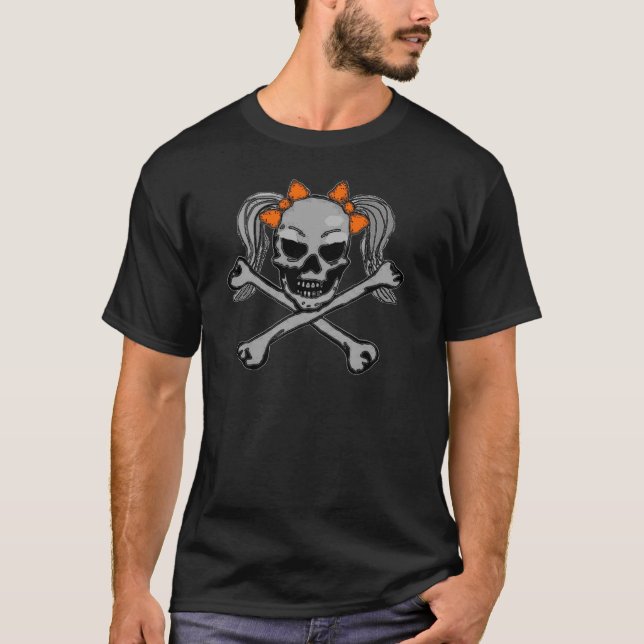 Ponytail skull and crossbones with orange bows T-Shirt (Front)